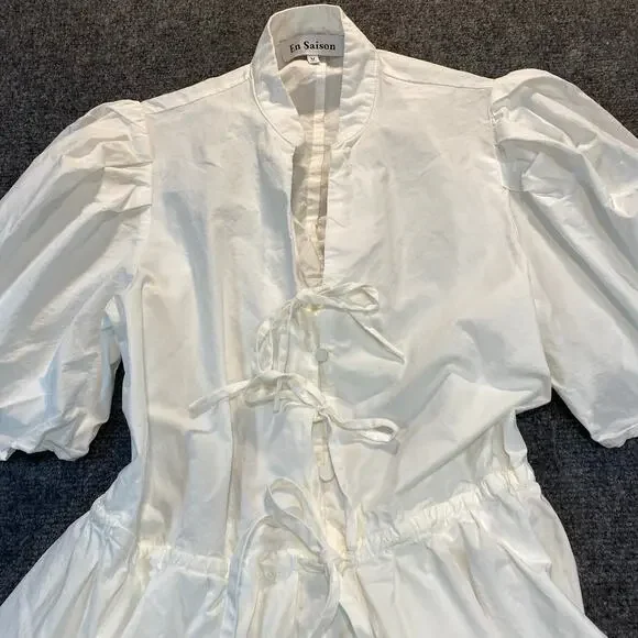 Anthropologie En Saison V-Neck Bow Mini Dress Womens Medium Felice White Regal - Picture 3 of 10